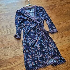 BCBGMaxAzria Navy Wrap Dress with Rust and Light Blue Leaf Print